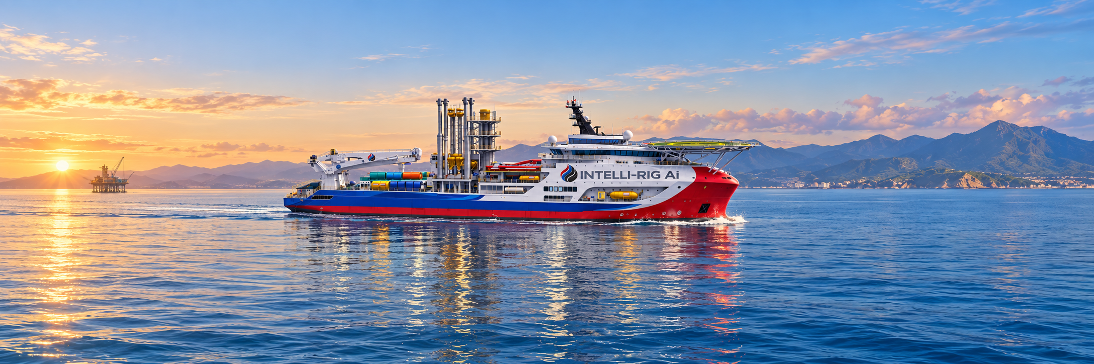 Concept visualization of the mid-water Intelli-Rig flagship vessel at mid-distance on calm seas off Venezuela at sunrise, with an offshore platform in the distance