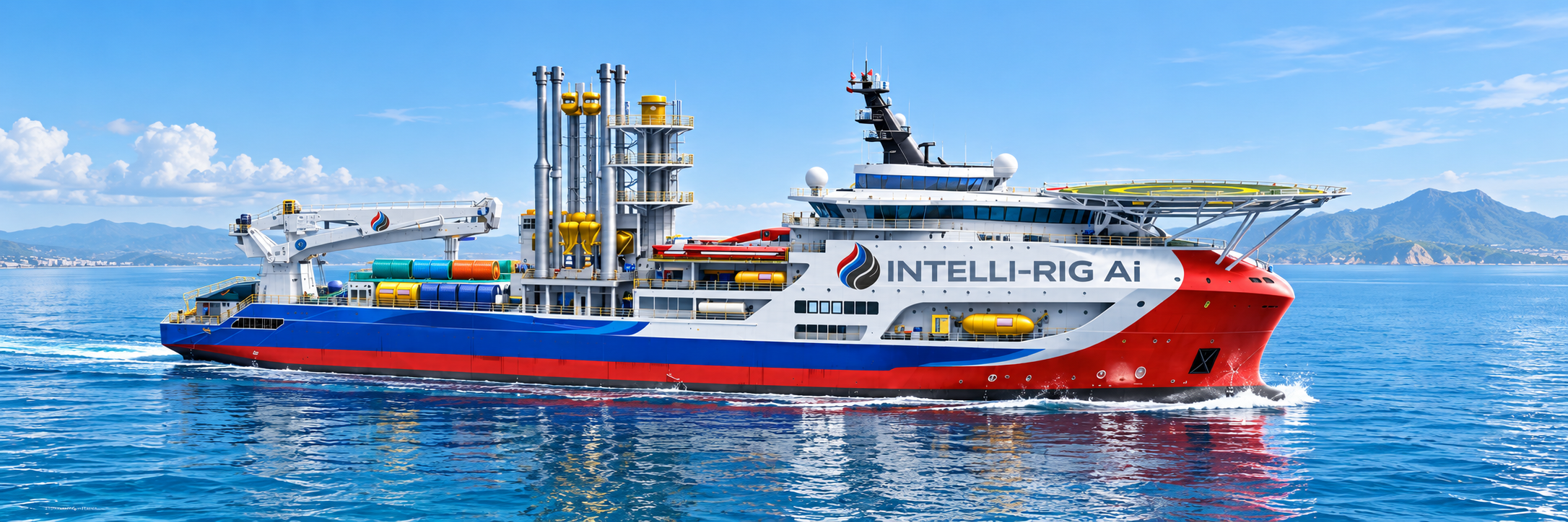 Concept visualization of the mid-water Intelli-Rig flagship vessel on calm blue seas off Venezuela with a distant coastal backdrop